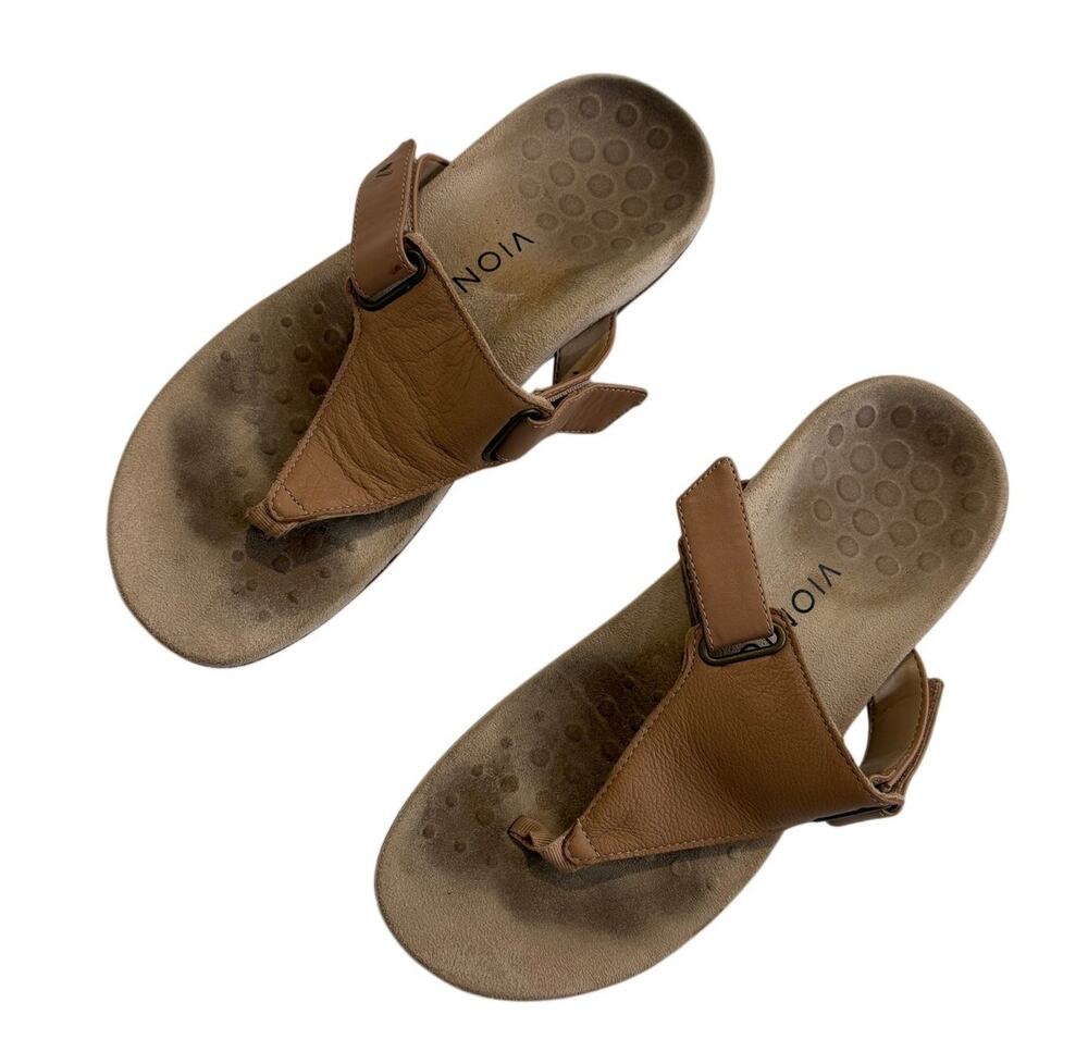 Vionic Wanda Leather Adjustable Thong Sandals Womens 8 Comfort Tan Light Brown